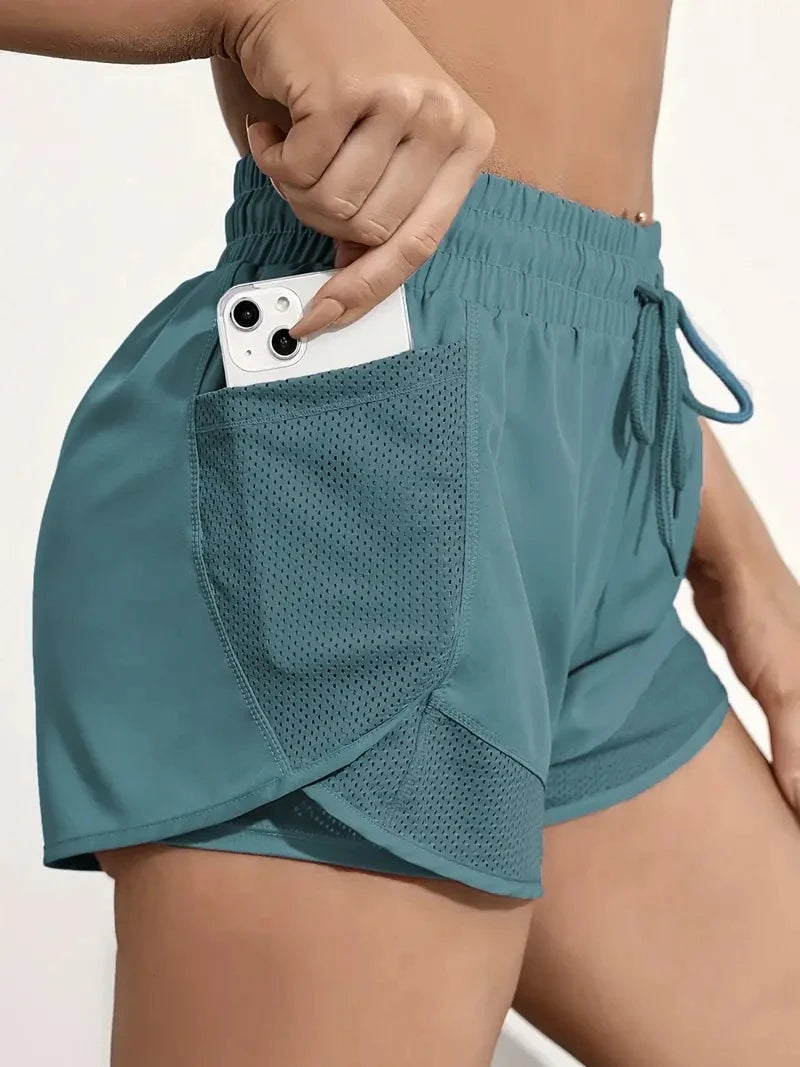 Women's Elastic Sports Shorts, Shorts With Pockets, Fake Two-Piece Yoga Leggings Running And Training
